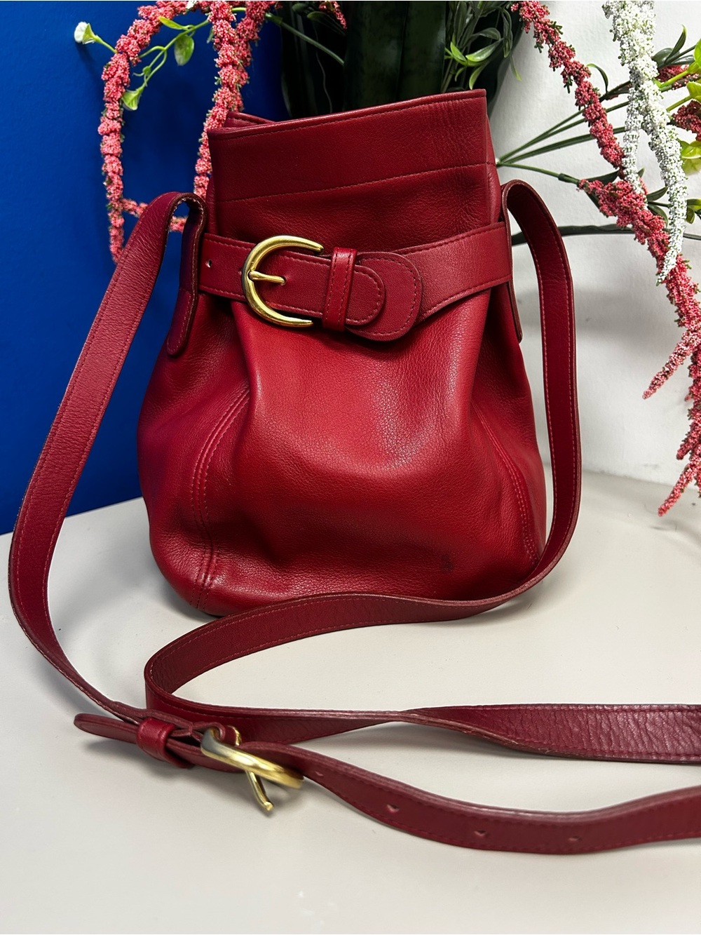 Coach Red Leather Drawstring Shoulder Bag Small Crossbody 4156